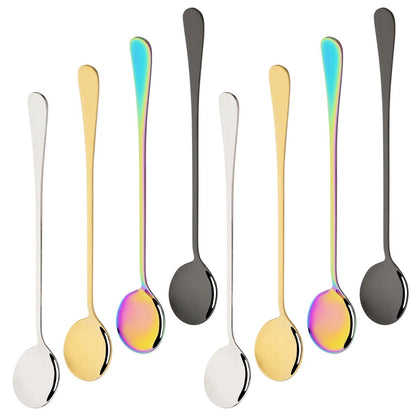 Conjunto de 8 Colheres de Sobremesa Brilhantes Aço Inoxidável Colher de Cabo Longo Adequada para Mexer Chá com Leite Suco Milk-shakes Sorvete Café
