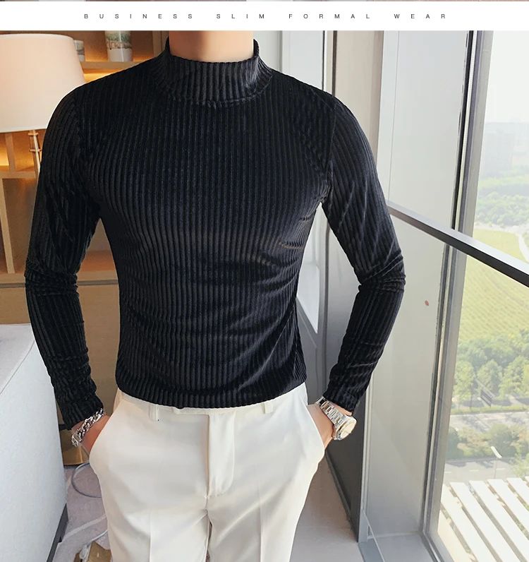 New Gold Velvet T Shirt Men Clothing Fashion Trend Male Luxury Prom Party Long-sleeved Striped Pullover Tops Homme