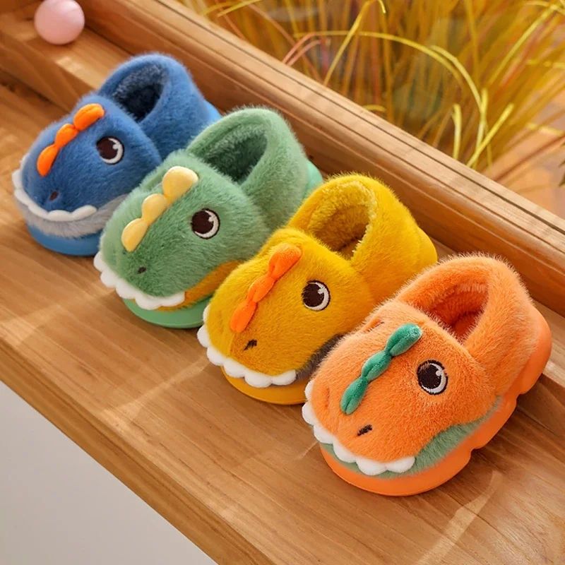 Cute Cartoon Dinosaur Children Plush Slippers Soft Sole Non-slip Winter Warm Baby Boys Girls Indoor Home Heel Wrap Cotton Shoes