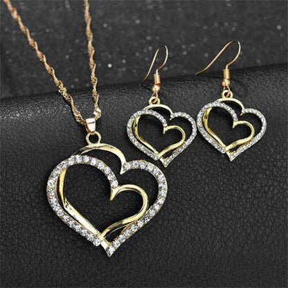 Conjunto de Joias Coração de 3 Peças Brincos Colar com Pingente para Mulheres Conjunto de Joias Duplo Coração de Strass Elegante e Moderno