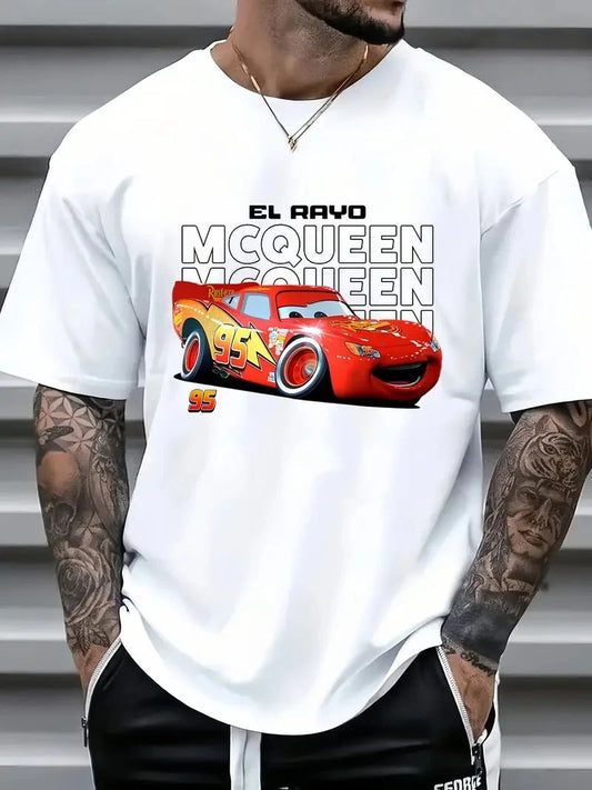 Disney Car Lightning McQueen Series Men's T-shirt, Pure Cotton Short-sleeved, Fashionable and Trendy Street Men's Clothing