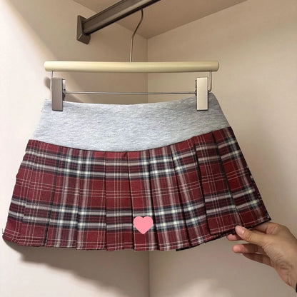 American Retro Spicy Girl Plaid Half Skirt Women Summer New Embroidery Patchwork Fashion High Waist Pleated Short Skirt