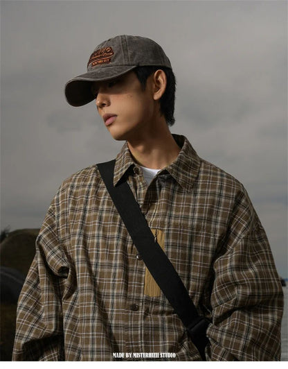 Autumn Y2K Vintage Plaid Shirts For Men Long Sleeve Button Up Blouse Korean Fashion Zip Pocket Cargo Shirt Streetwear Clothes