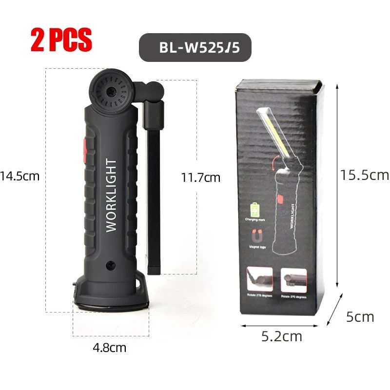 Rechargeable Camping LED Flashlight Work Light with Magnet and Hook IP64 Waterproof 5 Lighting Modes Suitable for Night Work
