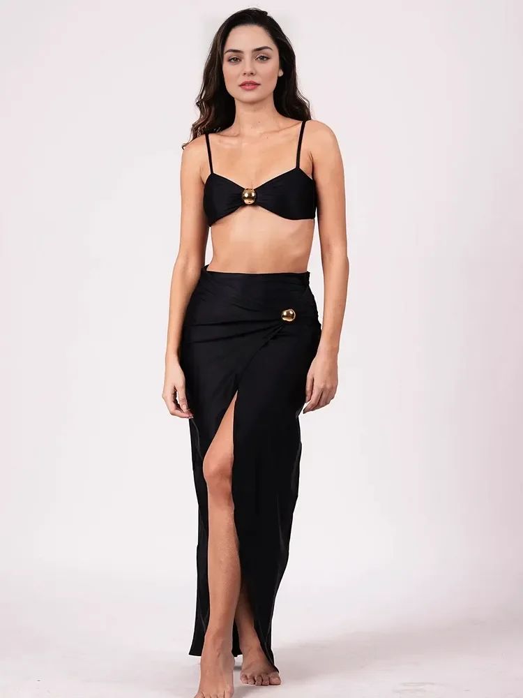 2025 Women 3 Piece Bikini Sets Spaghetti Strap Swimsuits Sexy High Split Beachwear Long Skirt Bathing Suit Vacation Wear K92