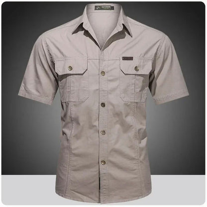Men's Streetwear Casual Button Down Military Cargo Shirt Short Sleeve Cotton Dress Shirts For Hiking Fishing Golf Polos Shirts