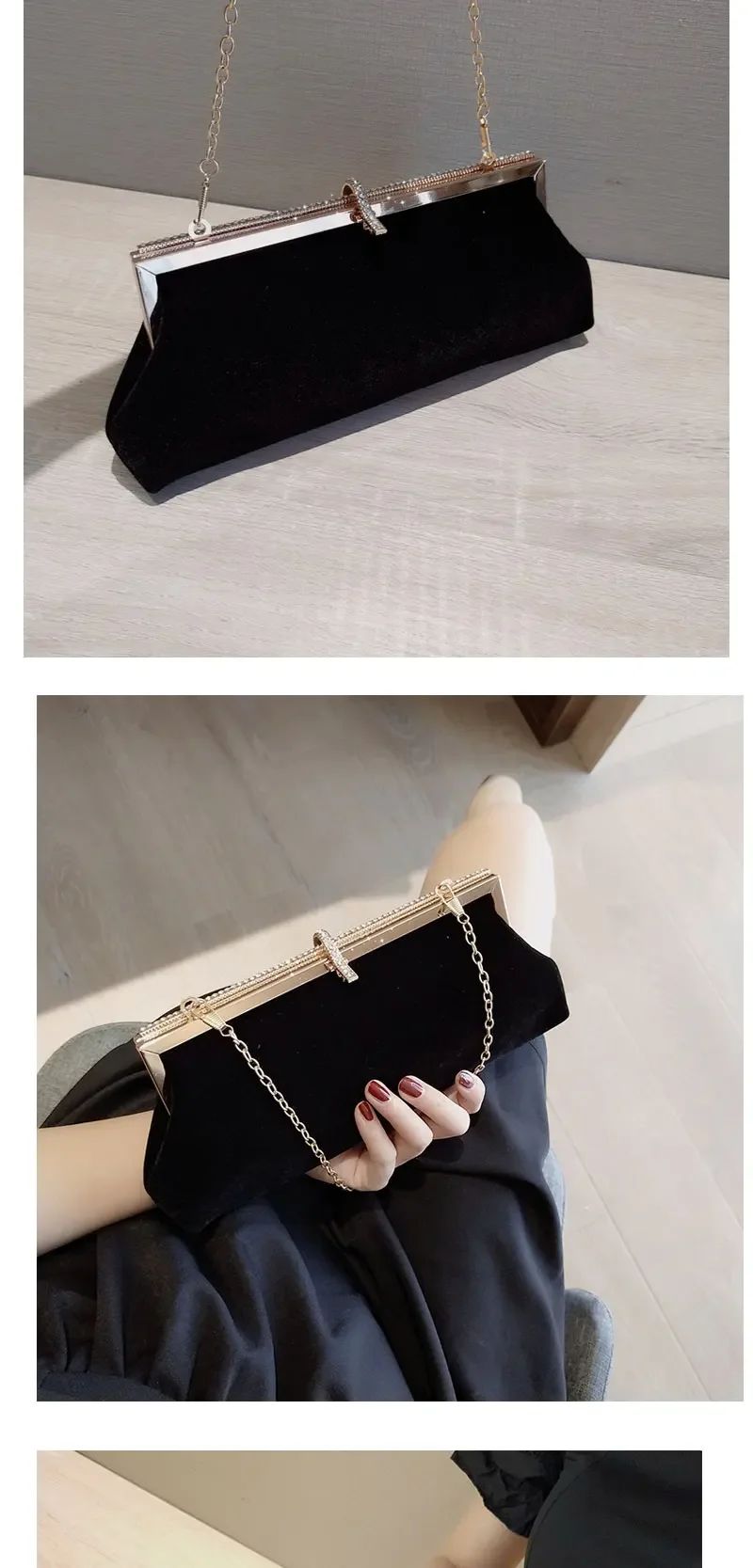 Women Retro Black Velvet Evening Clutch Bag Glitter Rhinestone Buckle Banquet Party Ladies Handbag Purse with Chain