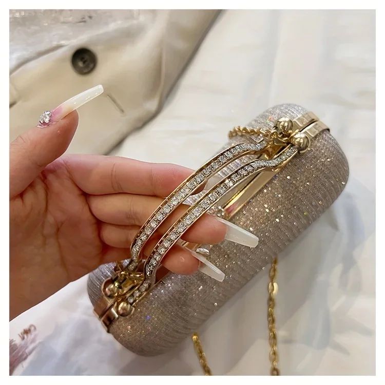 Shiny Mini Evening Bag, Rhinestone Chain Purse, Luxury Glitter Banquet Handbag, Perfect For Party, Wedding, Prom, Dinner/Banquet