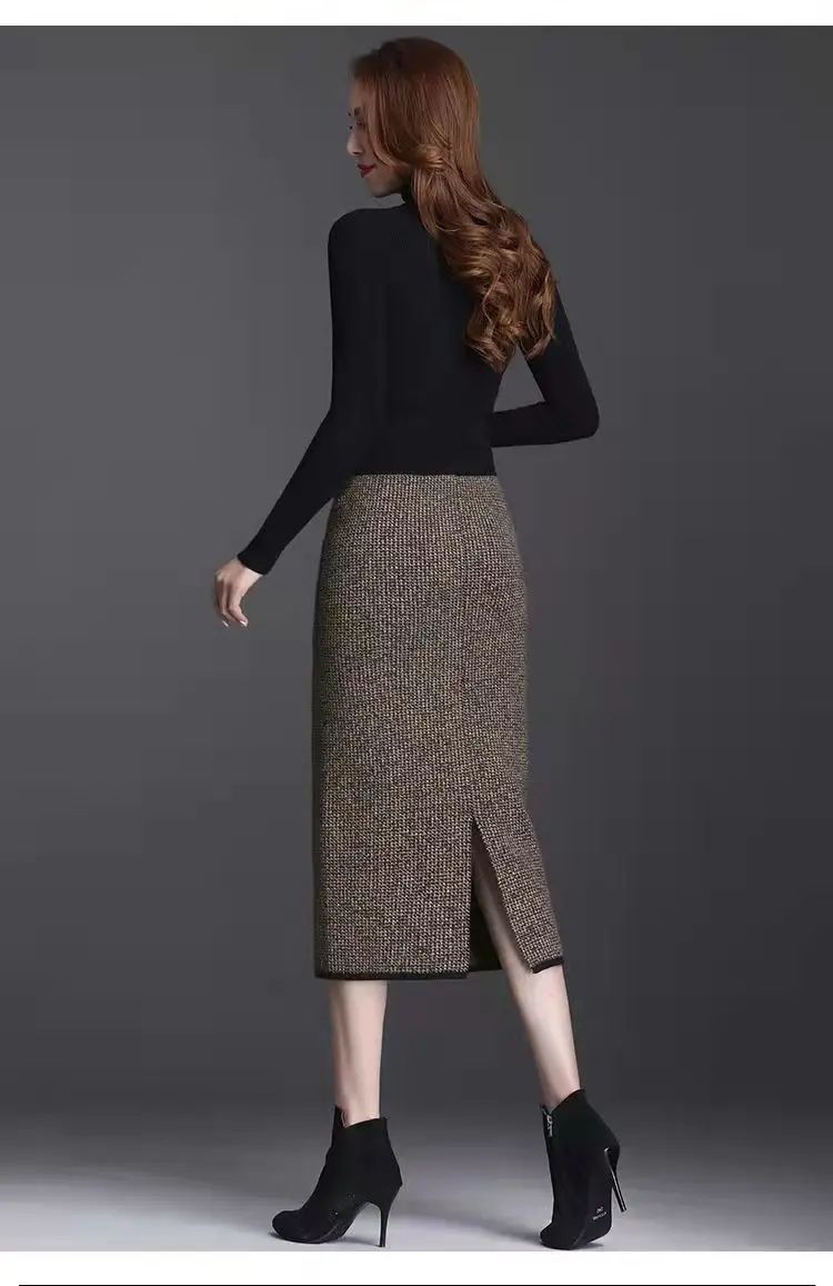 New Style Gold Mink Cashmere Elastic High Waist Office Lady Knee-length Skirts Solid Split Fork Hip Wrap Skirt High Elasticity
