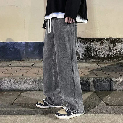 Spring Autumn New Men's Jeans Japanese Vintage Elastic Waist Casual Straight-leg Pants Trendy Wide-leg Trousers Loose Fit