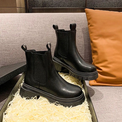 Autumn and Winter New Round Toe Low Heel Women's Boots Chelsea Motorcycle Boots Solid Color Breathable Casual Women's Boots