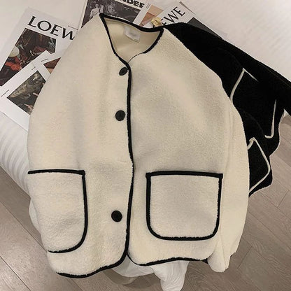 Korean Style Short Lamb Fur Jacket Women's Crew Neck Lazy Style Outerwear Autumn Winter New Arrival Soft Cozy round Neck Top