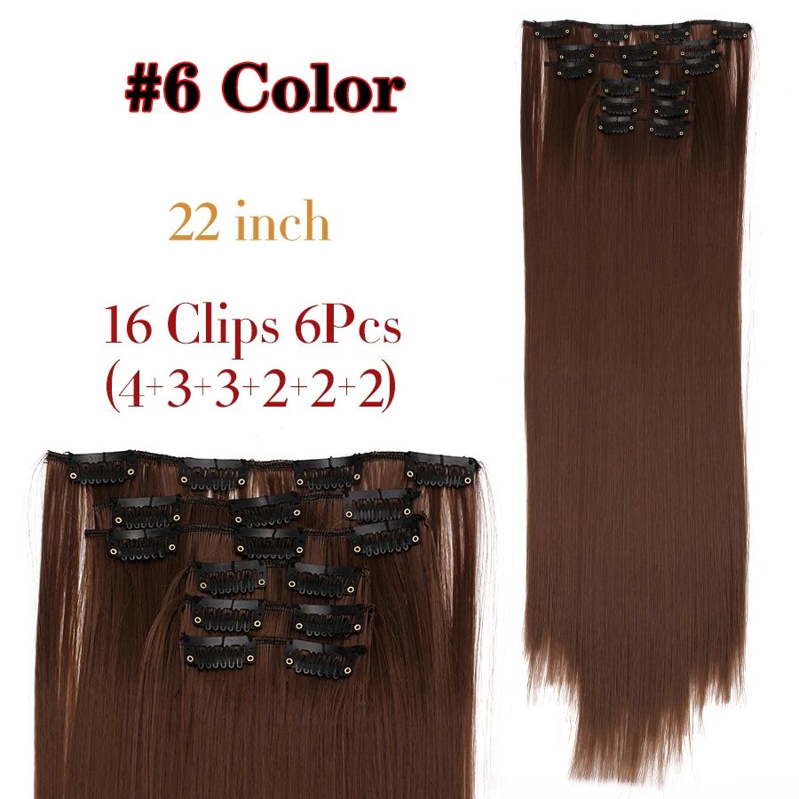 22 Polegadas Sintético Cabelo Liso Longo 16 Clipes 6 Peças/Conjunto Apliques de Cabelo Loiro Preto Resistente ao Calor Para Mulheres