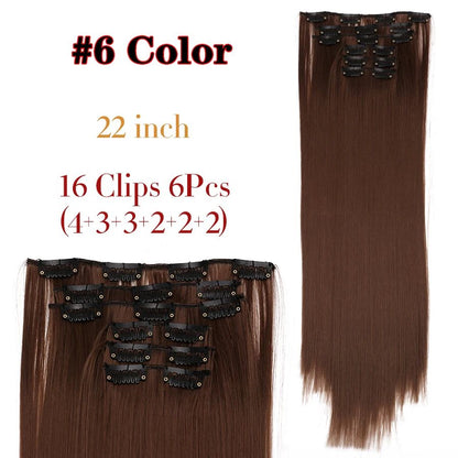 22 Polegadas Sintético Cabelo Liso Longo 16 Clipes 6 Peças/Conjunto Apliques de Cabelo Loiro Preto Resistente ao Calor Para Mulheres