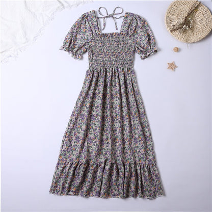 Summer Pleated Women Chiffon Dresses Casual Beach Holiday Short Sleeve Square Co
