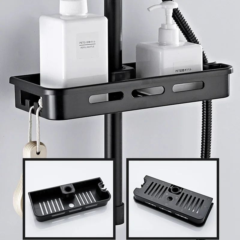 Organizador de armazenamento para chuveiro, sem perfuração, suporte para chuveiro de elevação, suporte para sabonete, shampoo, bandeja, prateleiras de poste
