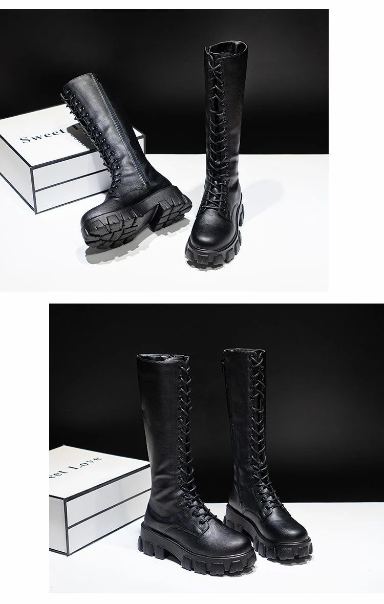Women's Mid Calf Boots Padded Shoes Knee High Winter Sneakers Punk Style Military Casual White Black 2024 Lucury Platform Woman