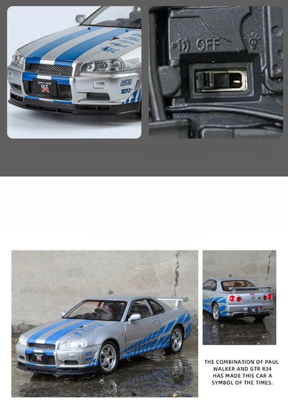 1/24 Nissan Skyline GTR-R34 Velozes e Furiosos Modelo de Carro em Liga Leve com Luz e Som Miniatura Colecionável Veículo de Brinquedo para Meninos