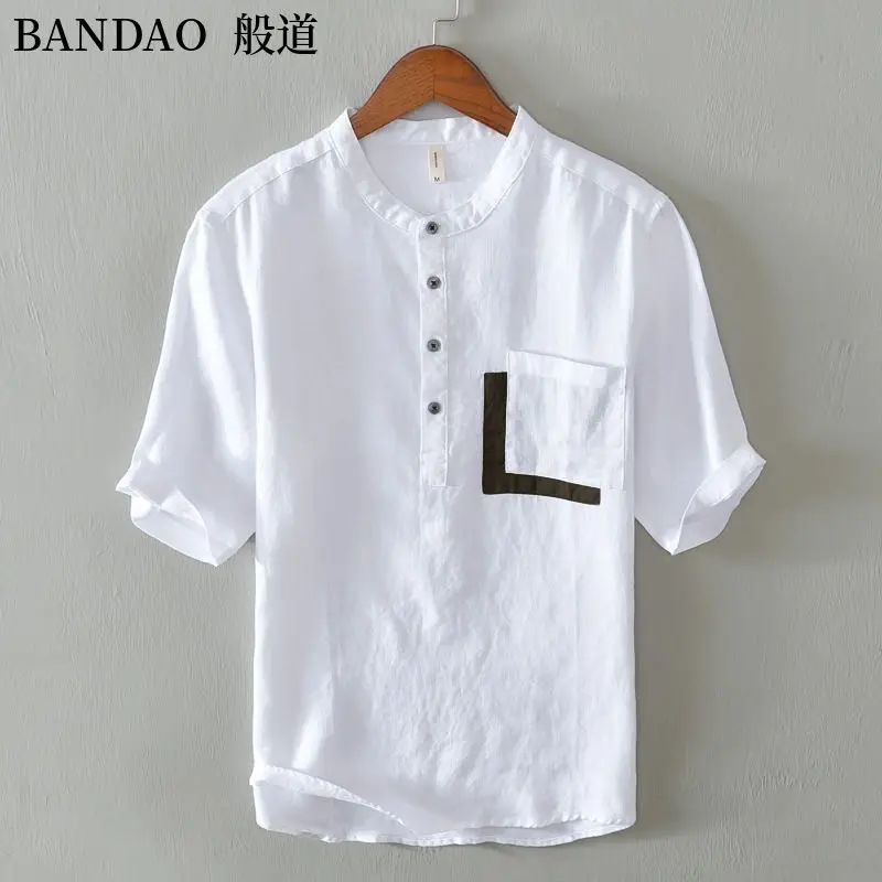 Chinese Style Spring and Summer Loose High-end Men's Linen Short-sleeved Cotton Linen Casual Breathable Shirt Collar T-shirt