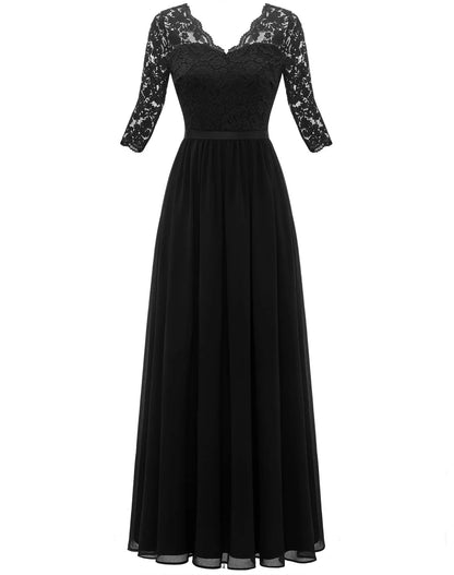 New 6-Color 5-Size Lace Splicing Long Waist-Cinching Elegant Dress Floor-Length V-Neck Polyester Fiber Evening Gown Dress