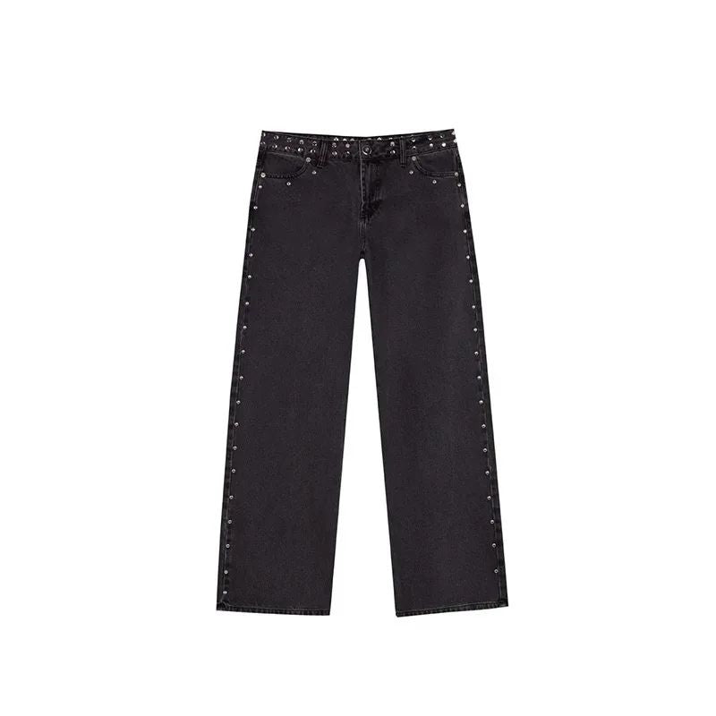 Spanish Fashion ONE DILEMMA Five-pointed Star Pattern Rivet Decorative Black Jeans Women's Autumn Multiple Light Blue Jeans