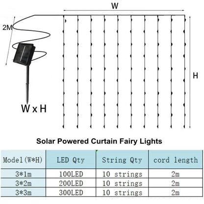 Solar Curtain Light Outdoor Waterproof Solar Fairy Garland String Lights for Garden Yard Pavilion Wedding Party Holiday Decor