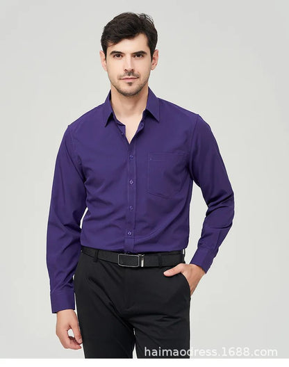 Iron-Free Long Sleeve Silk Smooth Drapey Wedding Shirt for Men Summer Business Formal Wine Red Large Size Men's Clothing