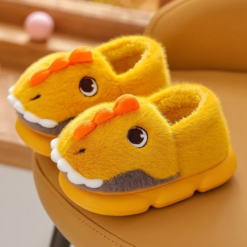 Cute Cartoon Dinosaur Children Plush Slippers Soft Sole Non-slip Winter Warm Baby Boys Girls Indoor Home Heel Wrap Cotton Shoes