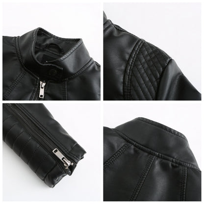 Women's Slim Leather Jacket, Stand-up Collar, Zipper Stitching, Monochromatic Coat, Fashion Clothing, New