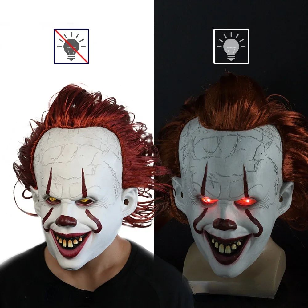 Horror Glowing Clown Mask Halloween Masque Pennywise Cosplay Latex Glow Joker Mask with Multicolor Hair Wig Joker Mask for Adult