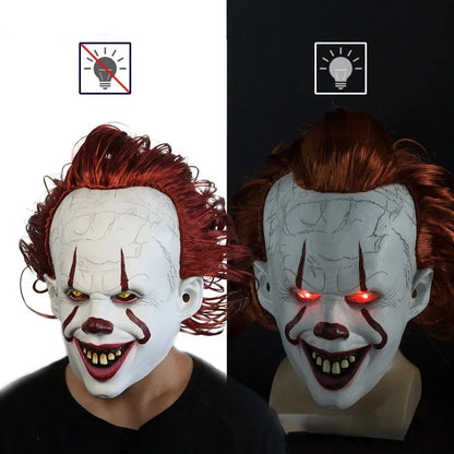 Horror Glowing Clown Mask Halloween Masque Pennywise Cosplay Latex Glow Joker Mask with Multicolor Hair Wig Joker Mask for Adult