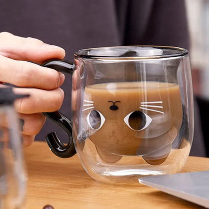 Copo de Vidro de Parede Dupla Gato Criativo 250ml com Alça Copo de Café Fofo Caneca Resistente ao Calor Utensílio de Cozinha para Escritório