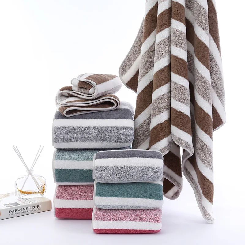 1 Set Striped Face Towel 35x75cm for Bathroom and Soft and Absorbent Quick-Drying Experience Microfiber Bath Towel 70x140cm