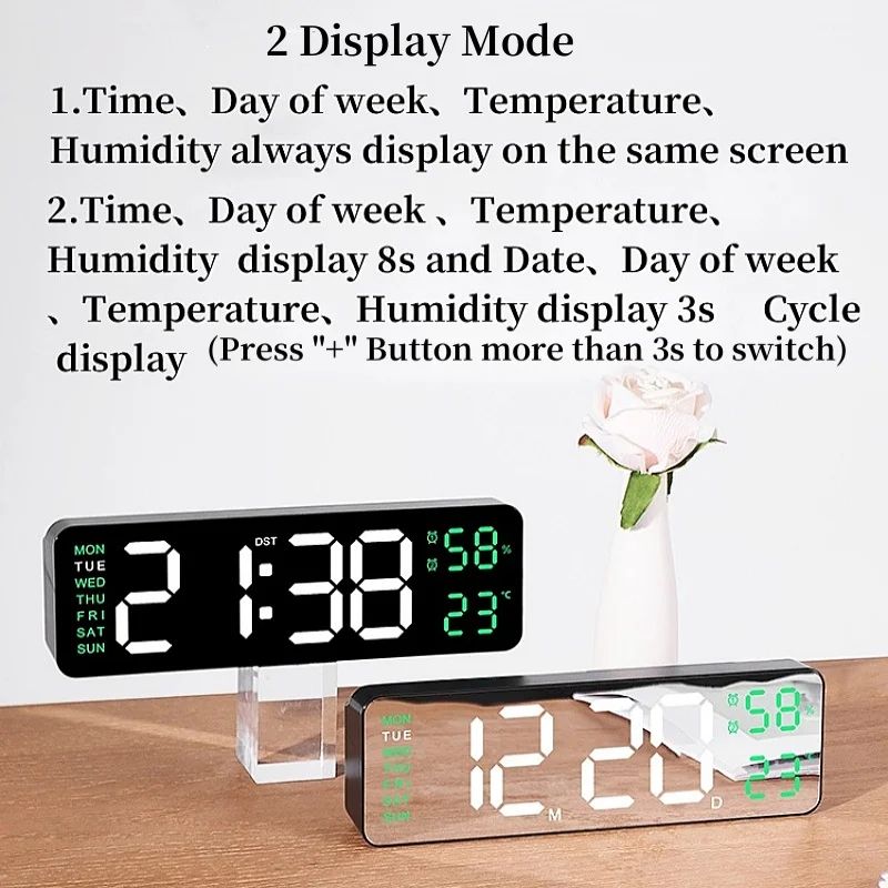 LED Electronic Alarm Clock 9-inch Wall Clock USB Powered Temperature and Humidity Display Auto-dimming Desktop Clock