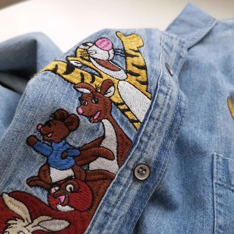 Plus Size 300 Pounds Fat MM Cartoon Embroidery Washed Denim Polo Collar Loose Meat Covering Women's Shirt Autumn Outerwear