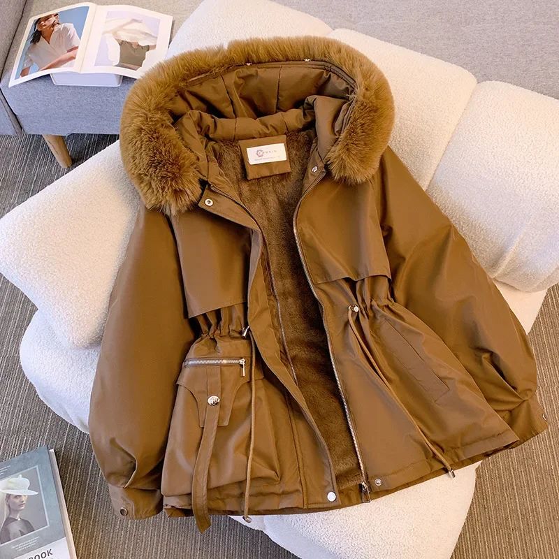 New Women's Cotton-Padded Plush Warm Coat 2024 Autumn Winter Parkas Coat Women's Long Sleeve Zipper Hooded Drawstring Parkas