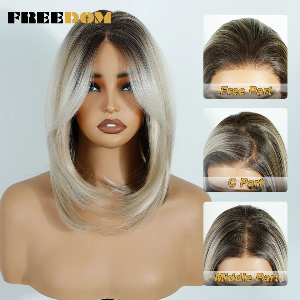 FREEDOM Perucas Sintéticas Front Lace para Mulheres 13x4 Pré-arrancadas Prontas Para Usar Peruca Curta Bob Com Franja Pré-cortada Ombre Blonde Lace Wigs