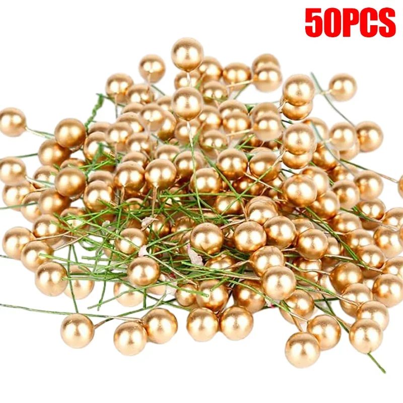 5-100Pcs Artificial Holly Berry Green Leaves Christmas Ornaments Gold Red Holly Berry Stems Xmas Tree Wreath Gifts Party Decor