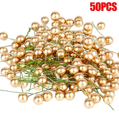 5-100Pcs Artificial Holly Berry Green Leaves Christmas Ornaments Gold Red Holly Berry Stems Xmas Tree Wreath Gifts Party Decor