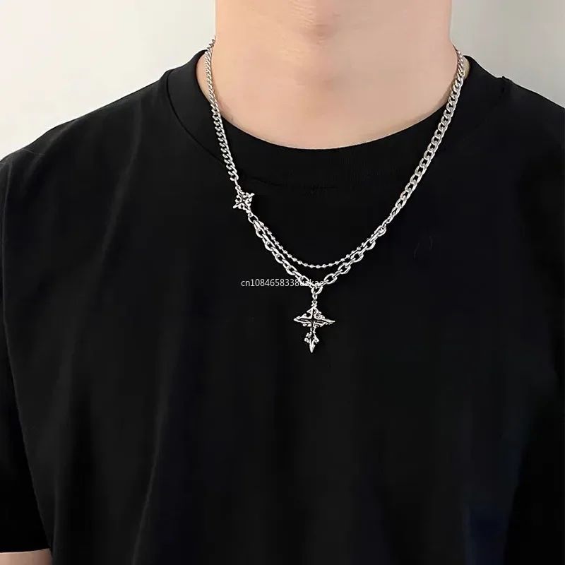 Y2K Grunge Hip Hop Halloween Joias Acessórios Punk Metal Cruz Costas Pingente Corrente Prateada Colar para Mulheres Homens 1unidade