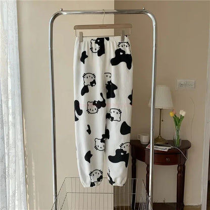 Christmas Sanrio Hello Kitty Pajamas Halloween Flannel Fashion Trouserswomen Kawaii Woolen Anime Cartoon Casual Home Pant Autumn