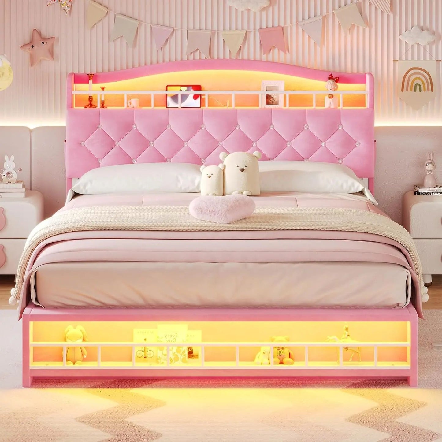 Nova Cama Queen Size Menina com Luzes de LED e Estação de Carregamento, Estrutura de Cama Queen Size de Princesa com Cabeceira com Armazenamento Oculto