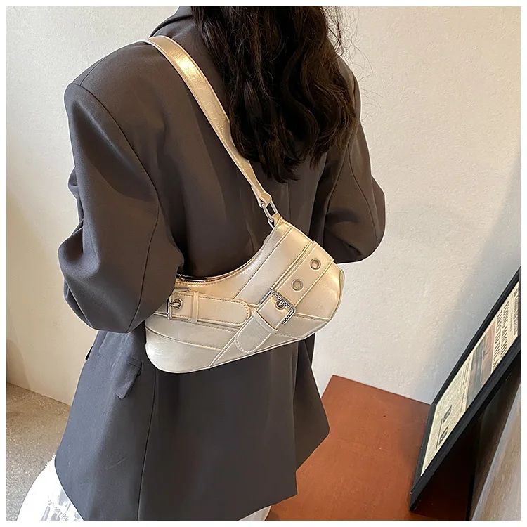 Red Vintage Shoulder Bag Y2K Belt Design PU Leather Underarm Bags for Women Trend Hot Cool Girl Crossbody Bag Punk Style Handbag