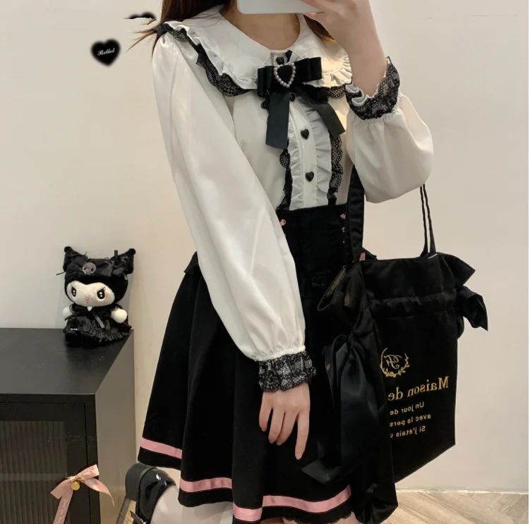 Sweet Lace Patchwork Long Sleeve Crop Top Blouse Women Japanese Y2k Harajuku Camisas JK Bow Ruffle Shirt 2025 Kawaii Blusa Femme