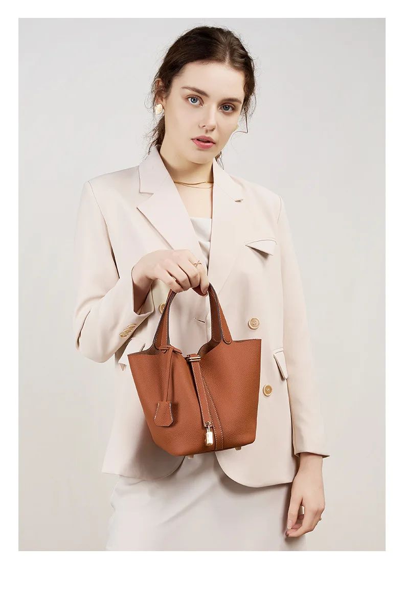 Genuine Leather Shoulder Bucket Bag Women Litchi Pattern Mini Basket Tote Soft Handbag Mommy Bride Wedding Bags with Lock