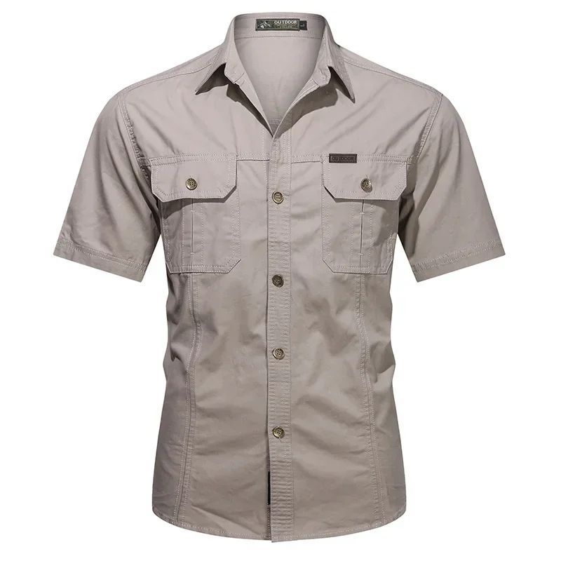 Men's Streetwear Casual Button Down Military Cargo Shirt Short Sleeve Cotton Dress Shirts For Hiking Fishing Golf Polos Shirts