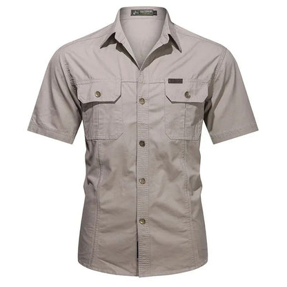 Men's Streetwear Casual Button Down Military Cargo Shirt Short Sleeve Cotton Dress Shirts For Hiking Fishing Golf Polos Shirts