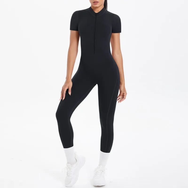 New Women's Yoga Jumpsuit Front Zipper Tight Back Hollow Out Short Sleeve-pants Activewear for Fitness Running Gym Workout