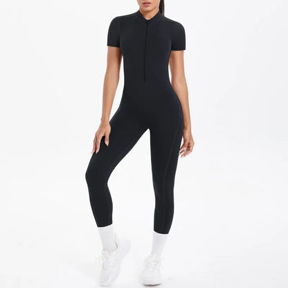 New Women's Yoga Jumpsuit Front Zipper Tight Back Hollow Out Short Sleeve-pants Activewear for Fitness Running Gym Workout