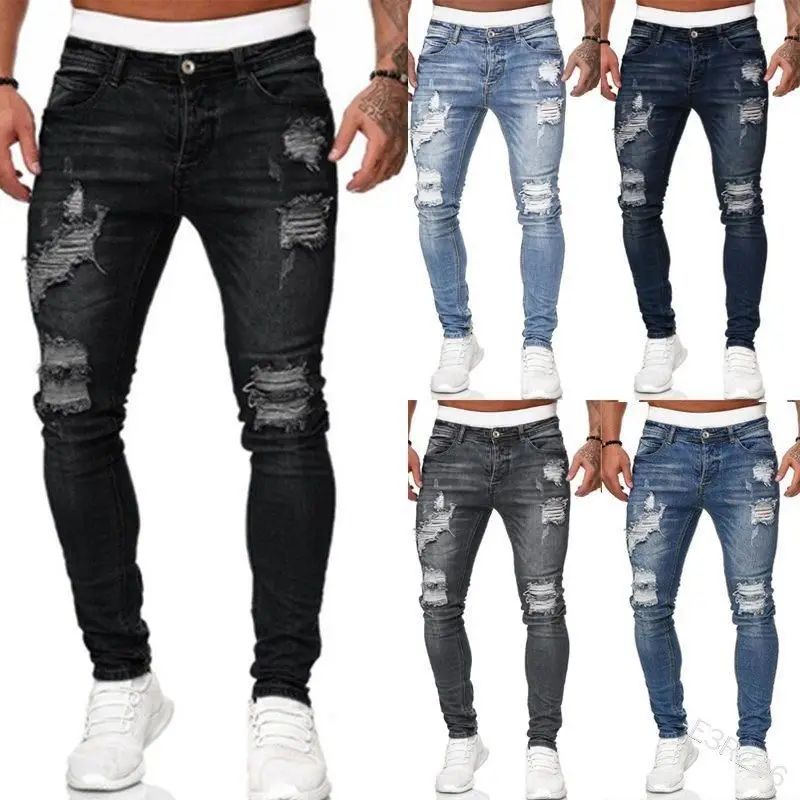 New Style Men's Hip Hop Slim Fit Jeans You And Smooths Your Silhouette Ripped Small Footwear Amazon WISH Badge Plus Size Jeans N